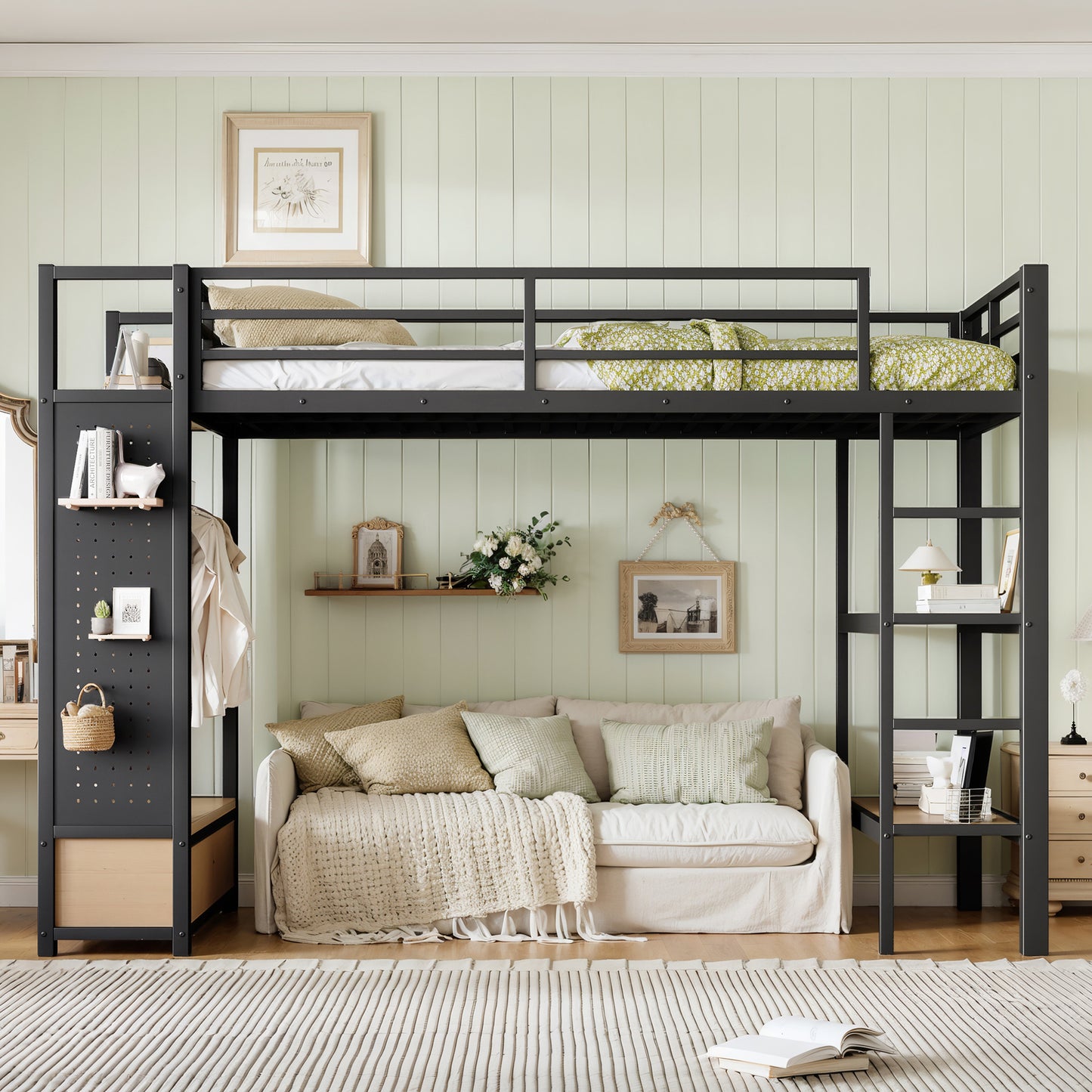 Twin XL size Loft Bed Frame with Wardrobe,Metal Loft Bed with Storage Shelves and Pegboard,Black image 3