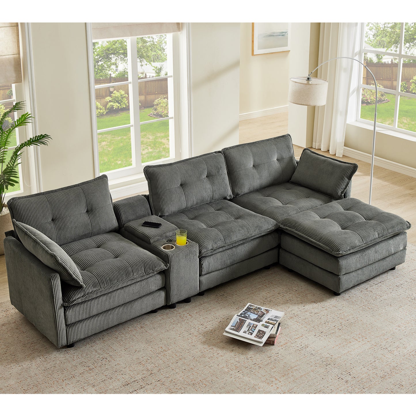 119" L-Shaped Oversized Corduroy Modular Sectional Sofa with 1 Ottoman and Multi Functional Console, 4-Seater Upholstered Couch with USB and 2 Cup Holder, Easy Assembly, for Living Room, Grey image 2
