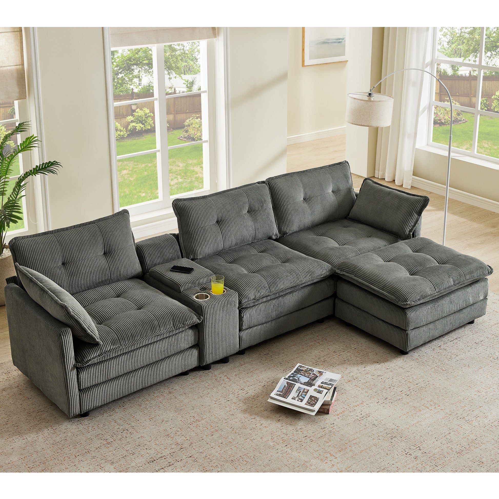 119" L-Shaped Oversized Corduroy Modular Sectional Sofa with 1 Ottoman and Multi Functional Console, 4-Seater Upholstered Couch with USB and 2 Cup Holder, Easy Assembly, for Living Room, Grey image 2
