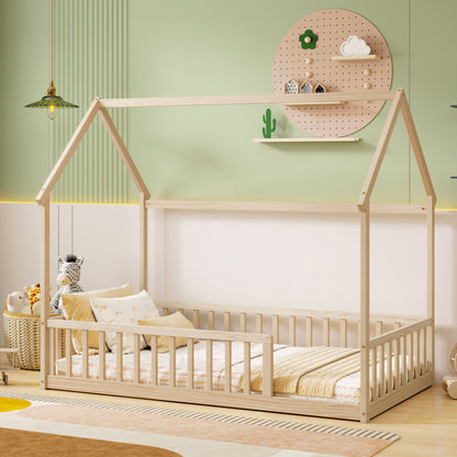 Twin Size House Floor Bed with Roof Frame,Pine Wood Floor Bed with Safety Guardrails,Natural image 11