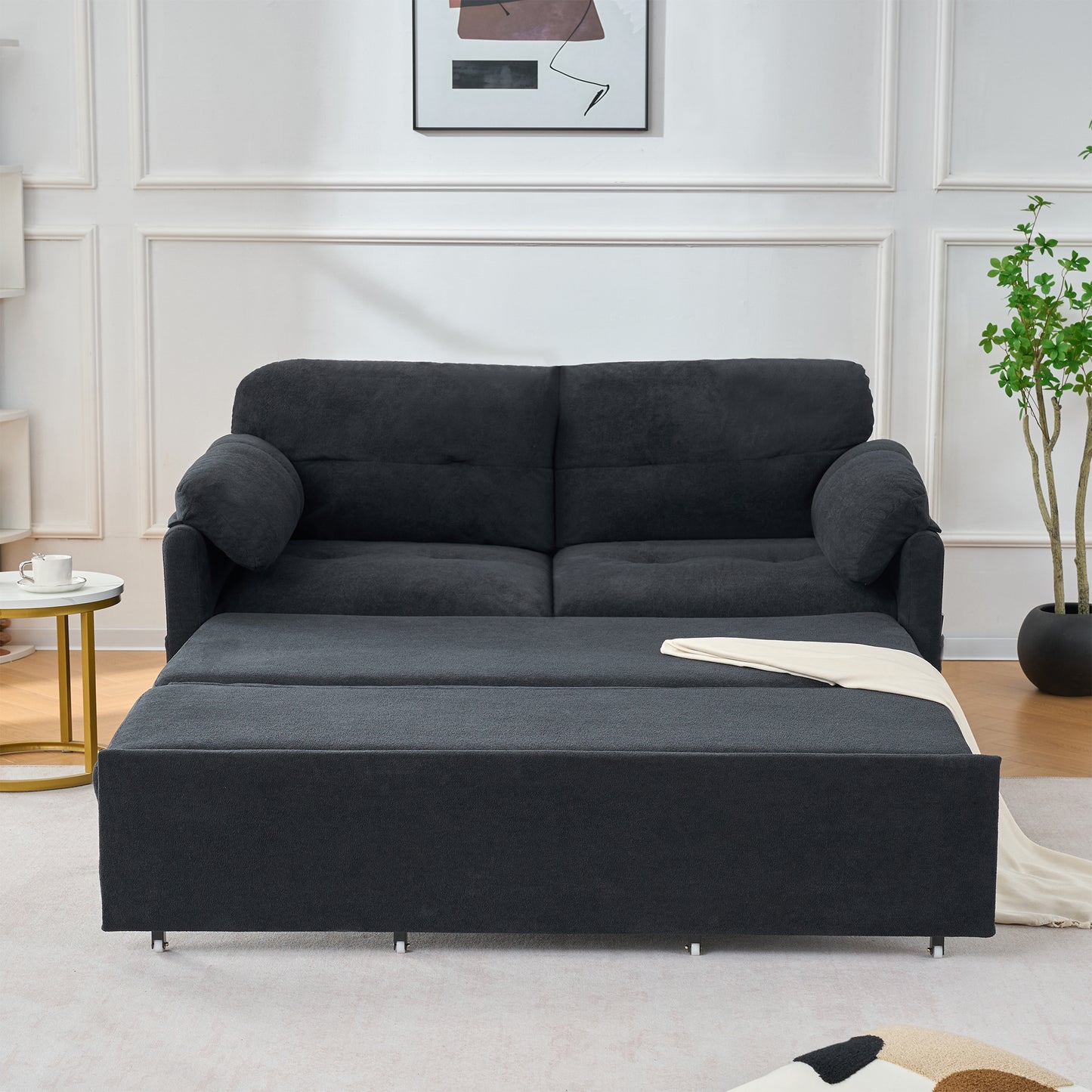 Convertible Pull Out Sofa Bed Queen Size, 3-in-1 Convertible Sleeper Couch with Thicked Cushions and Side Storage,Multi-Functional chenille Loveseat Sofa for Living Room,Bedroom,Apartment,Office,Black image 5