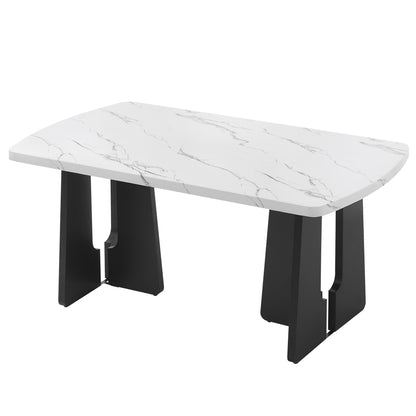 63" Modern Faux Marble Dining Table - Black/White Marble Top with Sturdy Geometric Legs, Stylish Kitchen & Dining Room Table for Home, Apartment, Office, Easy to Assemble, White+Black image 6