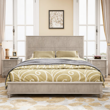Solid Wood Bed Frame,King Platform Bed Frame with Headboard,Tall Headboard Natural Wood Bed,No Box Spring Needed,Beige image 1