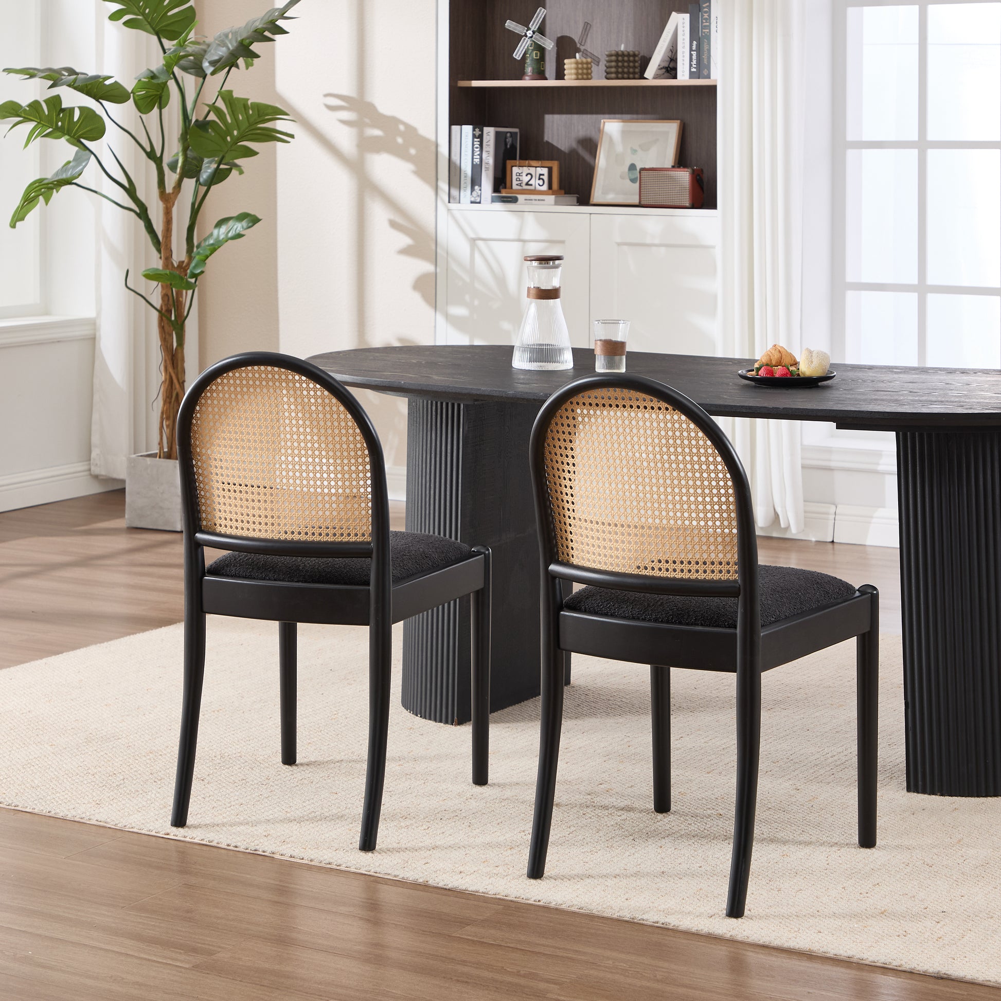 Rattan Dining Chairs Set of 2, Upholstered Linen Dining Room Chairs with Backrests, Modern Kitchen Chairs with Wood Legs for Dining Room, Black image 6