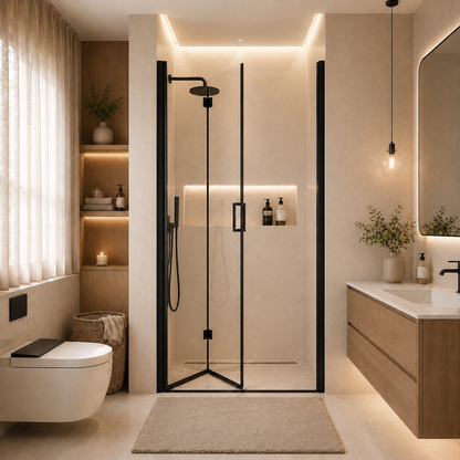 Semi-Frameless Folding Pivot Hinged Shower Door 34-35.2 in. W x 72 in. H,1/4" (6mm) Tempered Glass,Bathroom Bifold Panel, Reversible Installation,Matte Black image 6