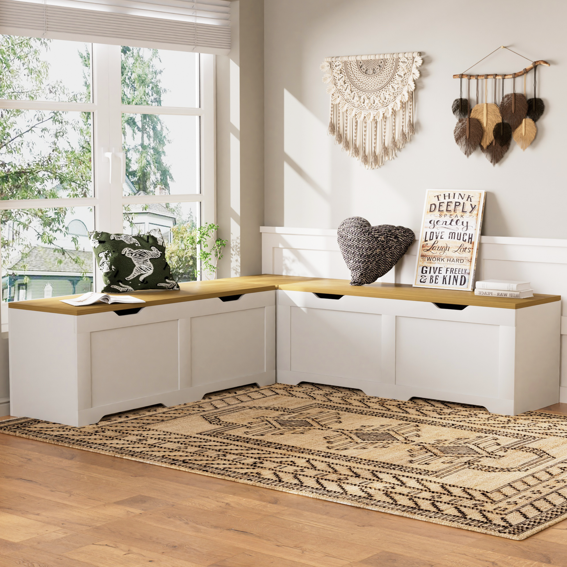 3-Piece L-Shaped Multi-Functional Storage Bench with Cushion, serving as a kitchen corner bench, toy storage box, or reading nook seat., White and Natural, 63"D x 63"W x 19.1"H image 1