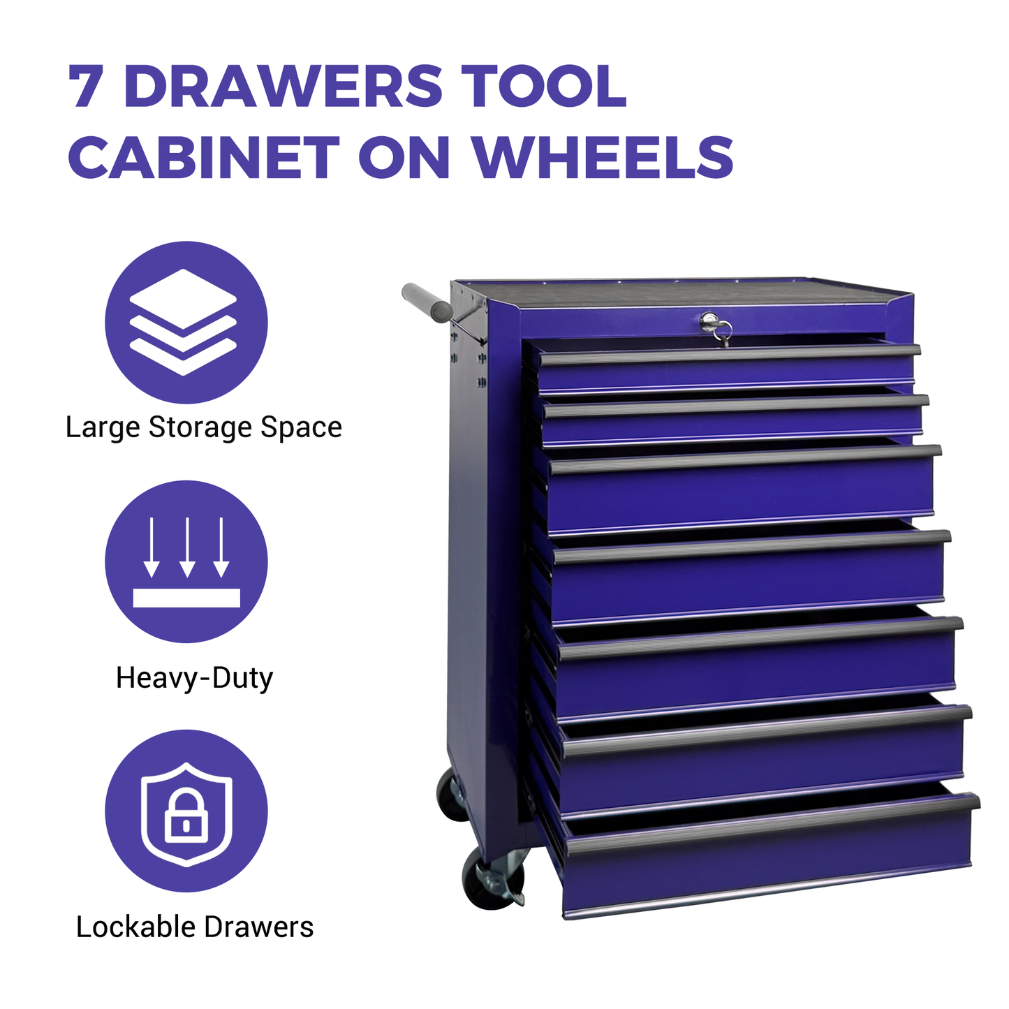 Rolling Metal Tool Chest with 7 Drawers, 20" 7-Drawer Tool Chest Cabinet with Ball Bearing Drawer Slides, Steel Tool Storage Box Organizer -PURPLE image 8
