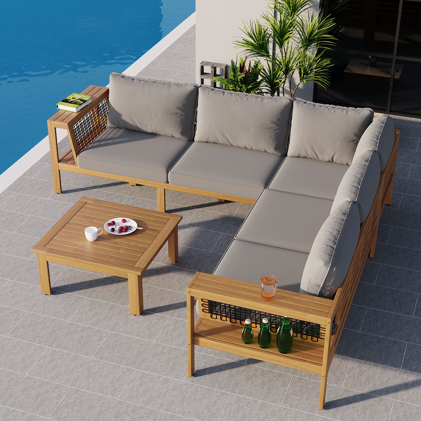 <Old SKU: N704G201249E> 4 Pieces Outdoor Acacia Wood Sofa Set, Woven Mesh Armrests, L-Shaped Patio Furniture Sofa Set with Coffee Table, Outdoor Conversation Set with Gray Cushions and Side Table image 4