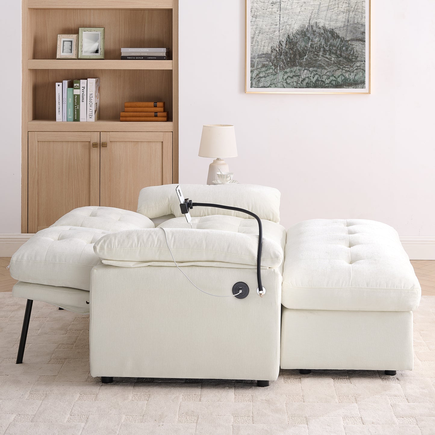 Leisure sofa chair,Double sofa recliner, with manually adjustable backrest, soft padded armrests, side USB charging port and phone stand, comes with a matching storage ottoman-Beige image 4