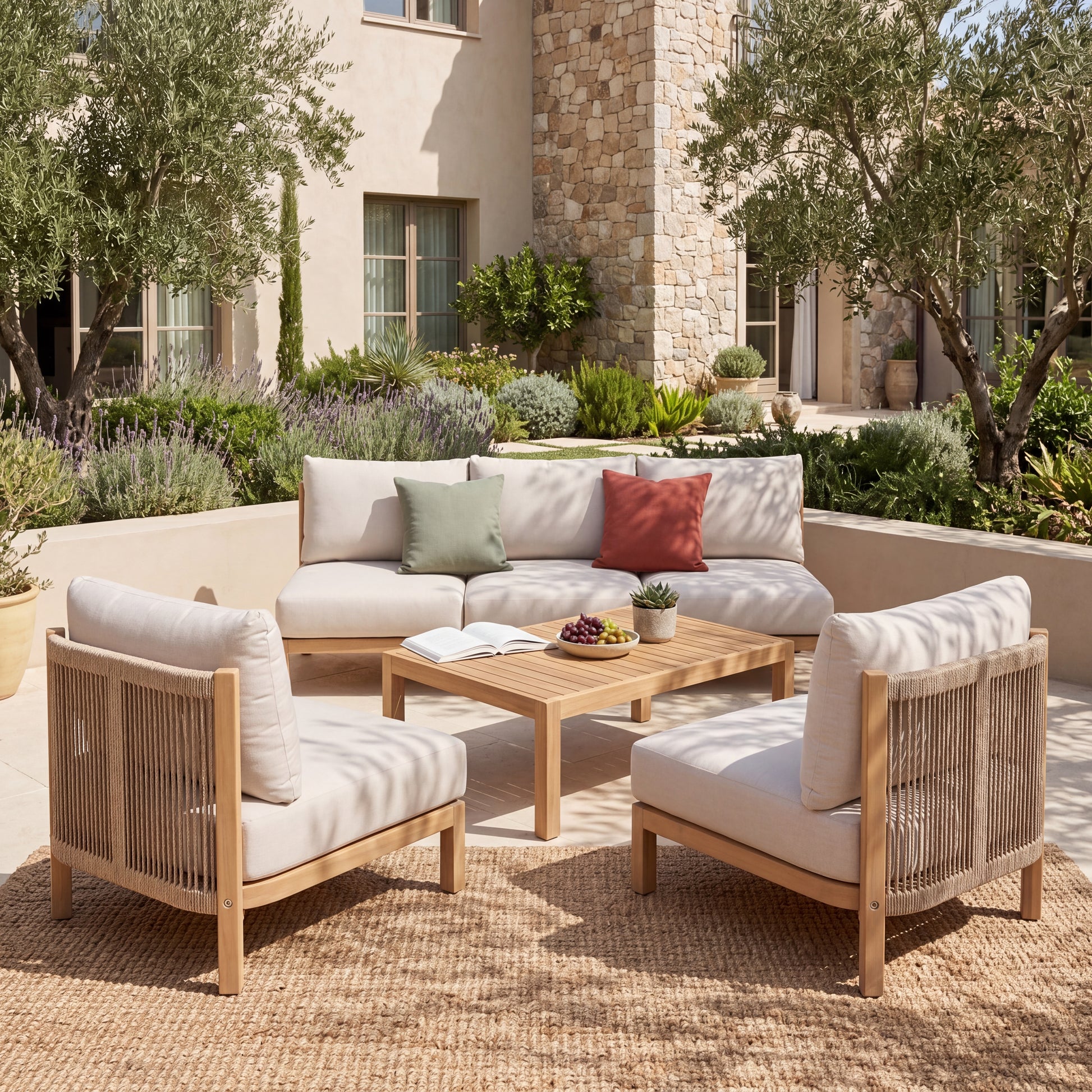 4 Piece Set Acacia wood Outdoor Sofa Set, outdoor rope-woven chair, deep seat design with soft cushion, suitable for porches, gardens, backyards, and balconies (Light Teak + Beige Rope + Beige Cushion image 2