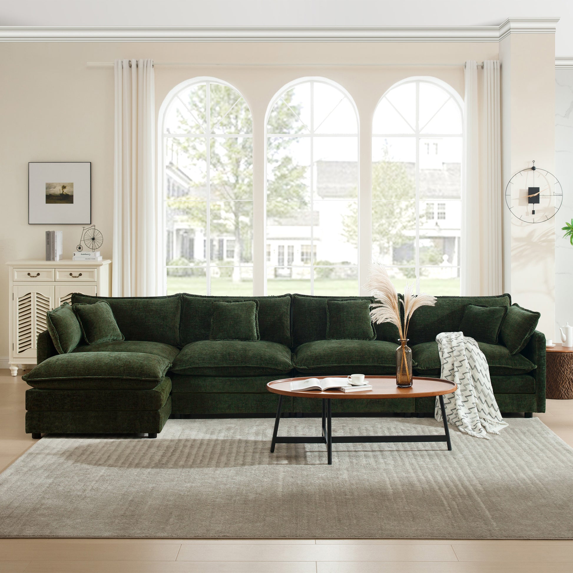Modular Sectional Sofa for Living Room,U Shaped Couch 4 Seater Convertible Sectional Couch with 1 Ottoman,Green Chenille image 2
