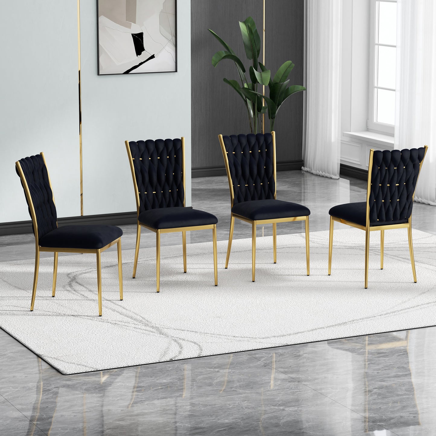 Modern simple black velvet dining chair, family bedroom stool back student table chair, gold-plated metal chair legs, suitable for dining room kitchen bedroom (set of 4) image 5