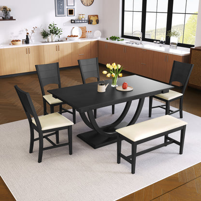 TOPMAX 6-Piece Wood Half Round Dining Table Set Kitchen Table Set with Long Bench and 4 Dining Chairs, Modern Style, Gray image 1