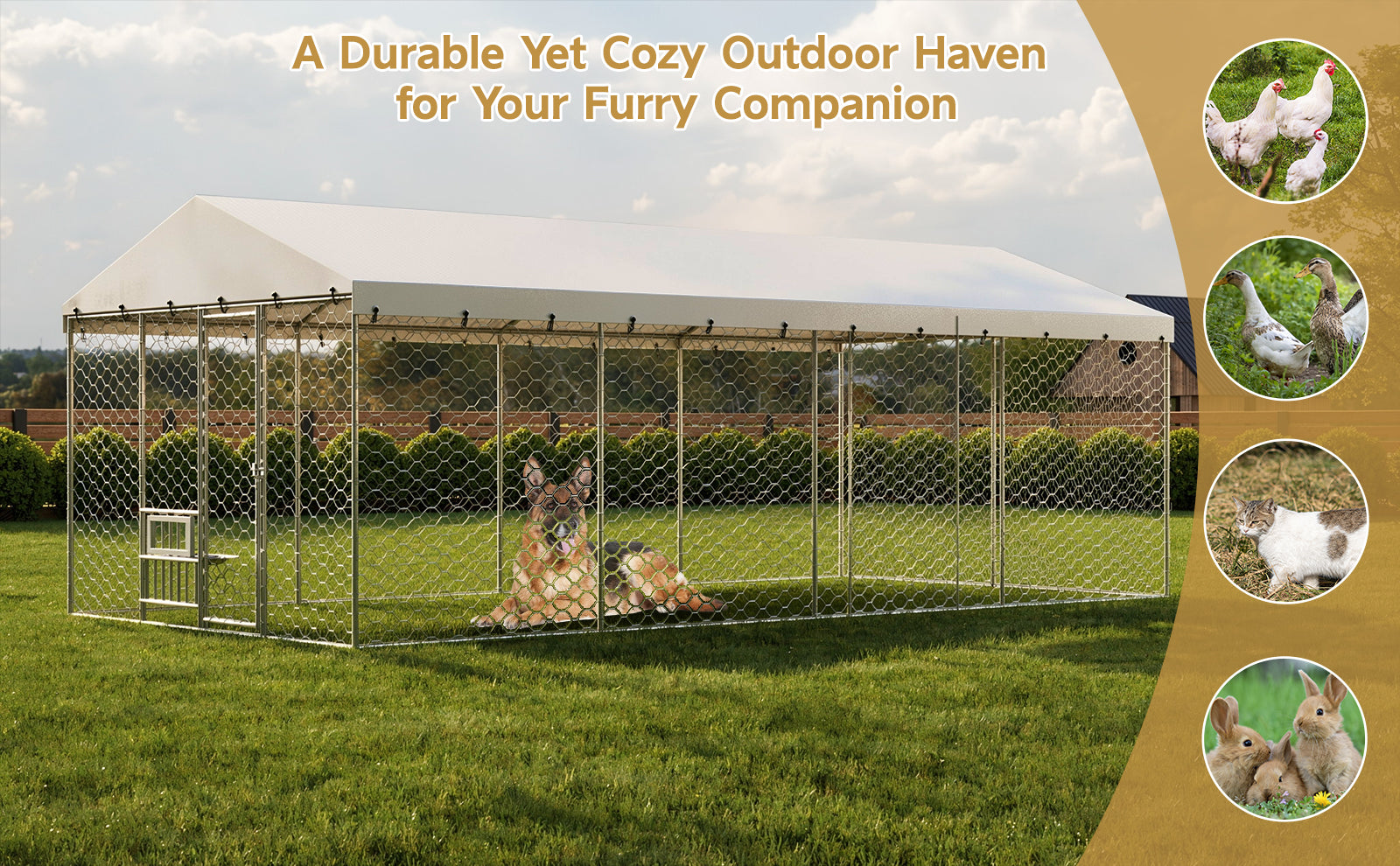 20x10 FT Large Outdoor Dog Kennel with Canopy, Heavy Duty Galvanized Steel Frame, Waterproof Cover, Built-in Elevated Feeding Bowls, Escape-Proof Lockable Pet Playpen for Large Dogs & Multiple Animal image 12