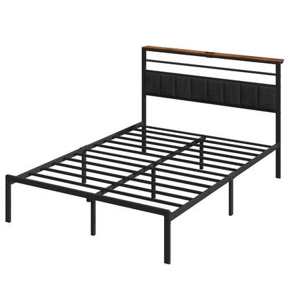 Queen Size Bed Frame with Charging Station, Platform Bed with Metal Slats, Upholstered Headboard with Storage Shelves, No Box Spring Needed, Black image 8