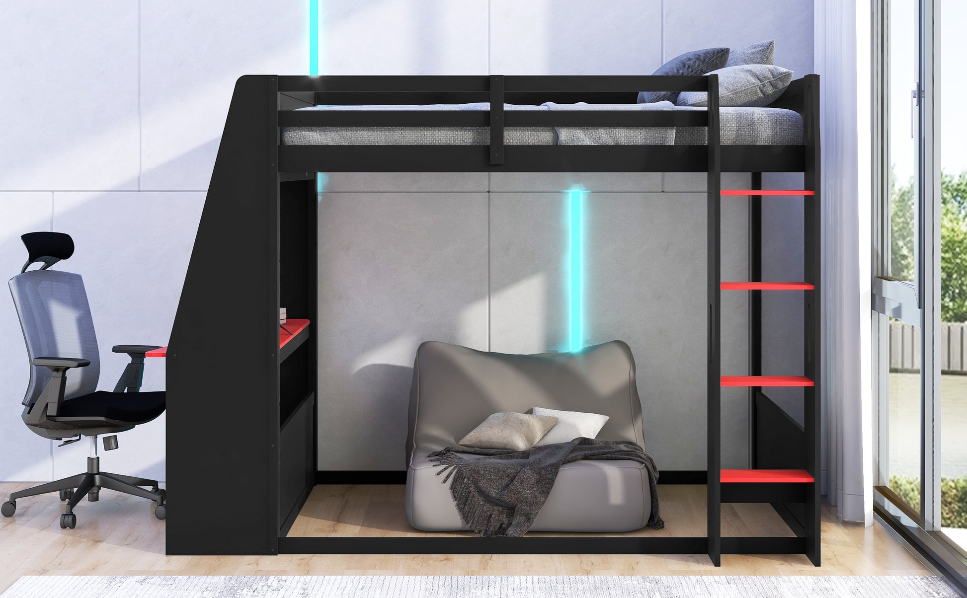 Full Size Wooden Gaming Bunk Bed with Desk,Two Storage Shelves,USB and LED Light image 6