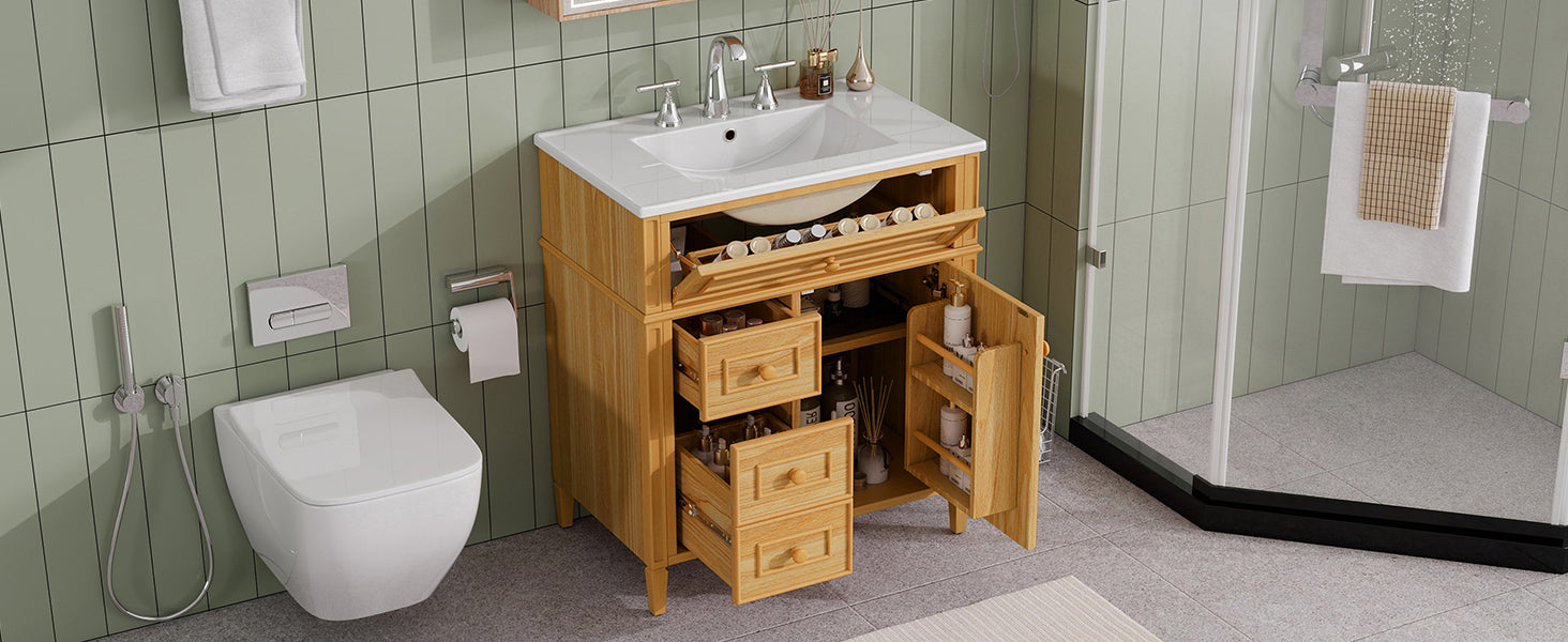 30" Bathroom Vanity with Sink, Wood Vanity Cabinet with Flip-Out Drawer, 2 Soft-Close Drawers, 1 Soft-Close Door, Solid Wood & MDF, Elegant Wood Handles image 2