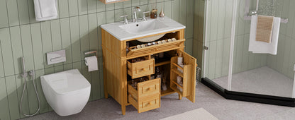 30" Bathroom Vanity with Sink, Wood Vanity Cabinet with Flip-Out Drawer, 2 Soft-Close Drawers, 1 Soft-Close Door, Solid Wood & MDF, Elegant Wood Handles image 2