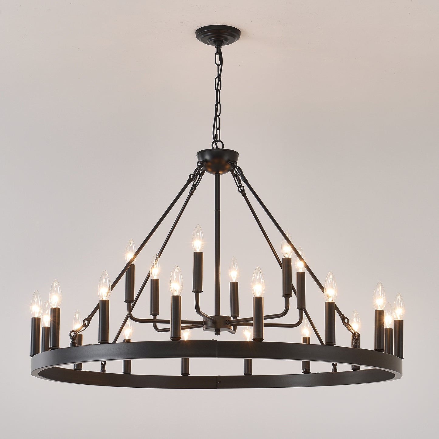 40'' 2 Tier Wagon Wheel Chandelier 16+6)22-Lights Farmhouse Industrial Country Style Round Pendant Light Fixture for Outdoor Porch high Ceilings Living Dining Room Foyer Entryway-BLACK image 11