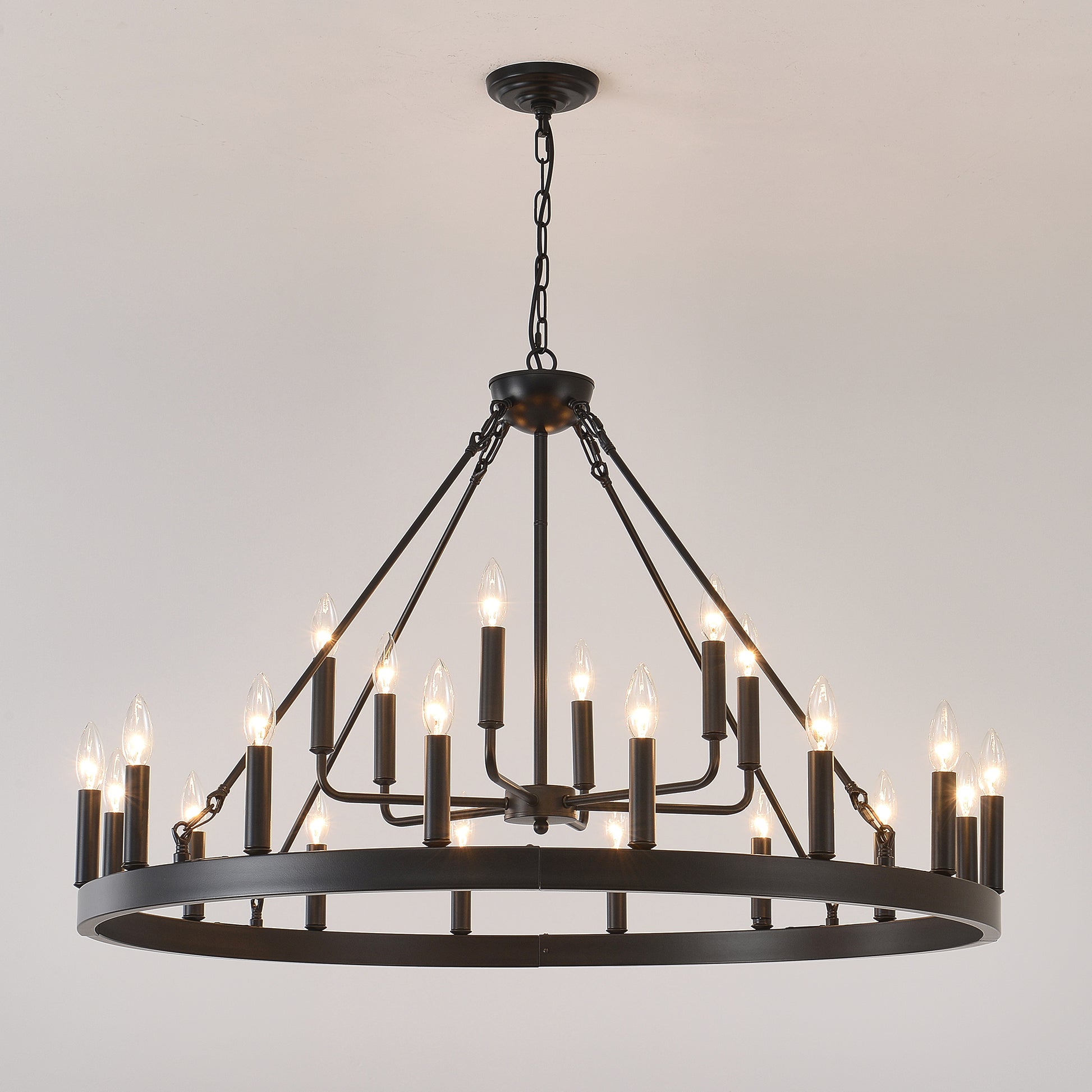 40'' 2 Tier Wagon Wheel Chandelier 16+6)22-Lights Farmhouse Industrial Country Style Round Pendant Light Fixture for Outdoor Porch high Ceilings Living Dining Room Foyer Entryway-BLACK image 11