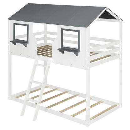 Twin Over Twin Bunk Bed Wood Bed with Roof, Window, Guardrail, Ladder (White)(OLD SKU: LT000045AAK-1) image 4
