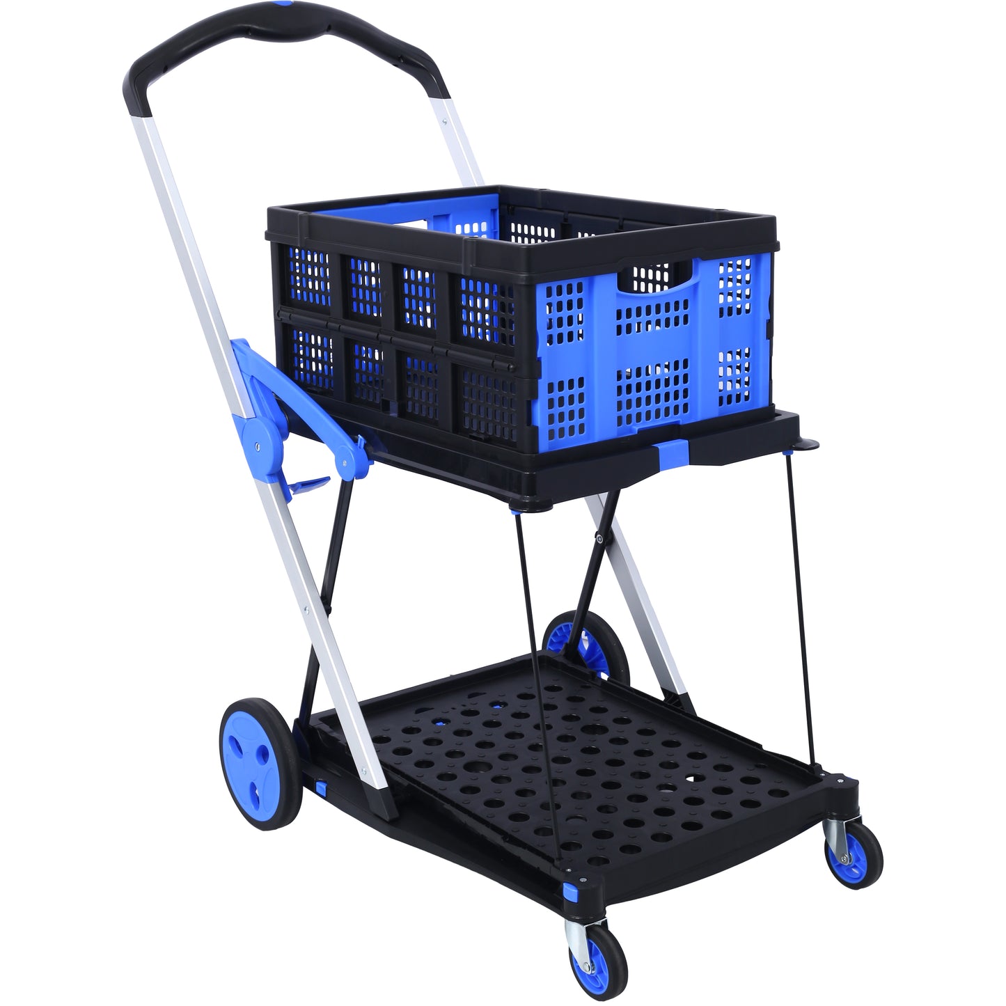 Collapsible Utility Cart Multi Use Functional Collapsible Shopping Carts 2-Tier Collapsible Shopping Cart with Baskets Carrito para Supermercado con Ruedas blue image 1