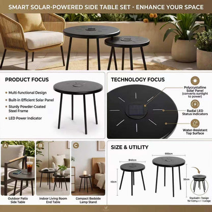 2-Pack Solar Powered Side Table with LED Light, Outdoor/Indoor Nesting Round End Table Set image 3