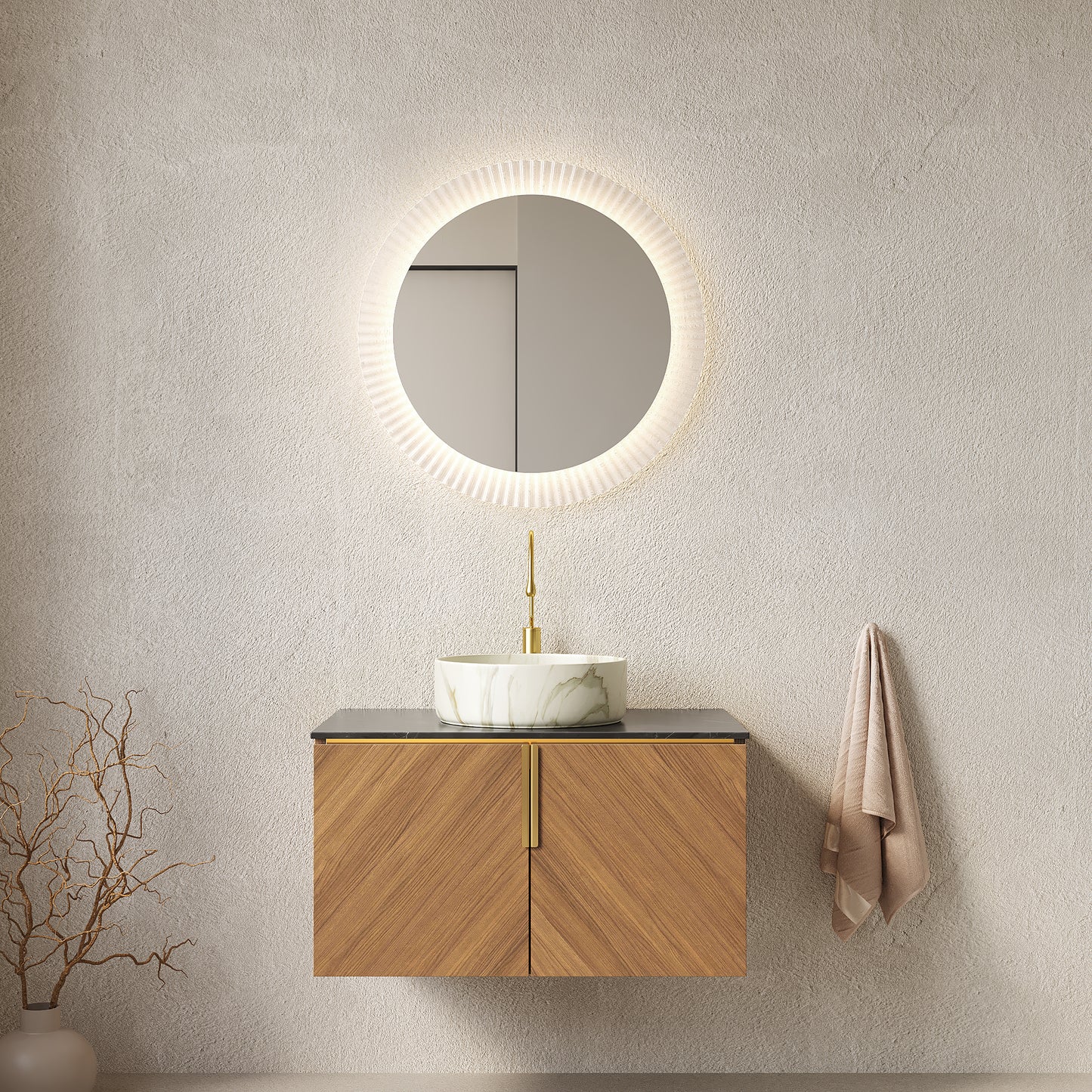 ARAI 30" Bathroom Vanity&Sink, Floating Plywood Bathroom Storage Cabinet with 2 Doors, Black Sintered Stone Countertop&White Round Ceramic Basin with Stone Pattern, Brown Oak Woodgrain Color (New SKU) image 1