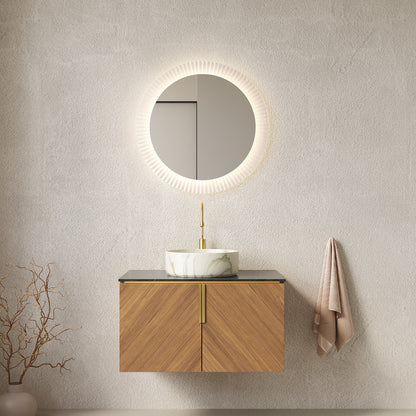 ARAI 30" Bathroom Vanity&Sink, Floating Plywood Bathroom Storage Cabinet with 2 Doors, Black Sintered Stone Countertop&White Round Ceramic Basin with Stone Pattern, Brown Oak Woodgrain Color (New SKU) image 1