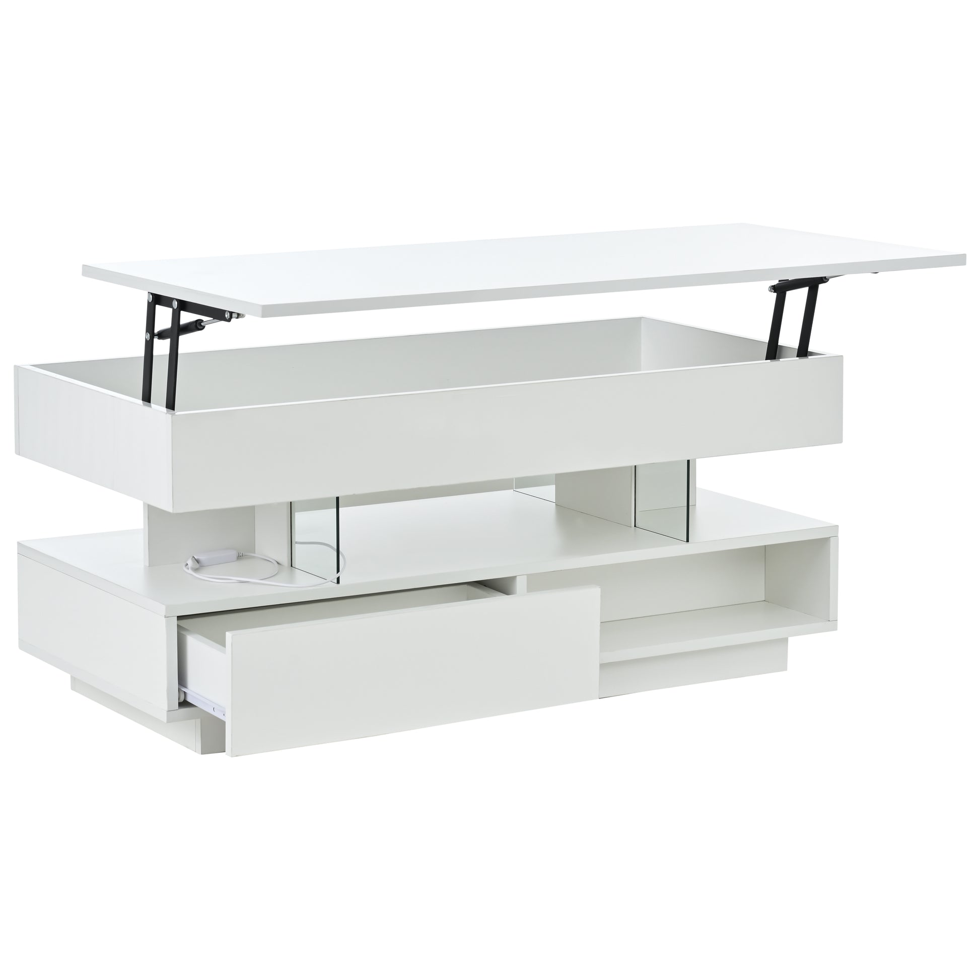 39.3" Lift Top Coffee Table with Hidden Compartment, 2 Storage Drawers and Ajustable LED Lights,Modern Multifunction Coffee Tables for Living Room, Bedroom,Office(White) image 5