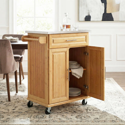 Indoor Compact Bamboo Rolling Kitchen Cart with Stainless Steel Top – Mobile Storage Island with Drawer & Cabinet for Small Spaces image 1
