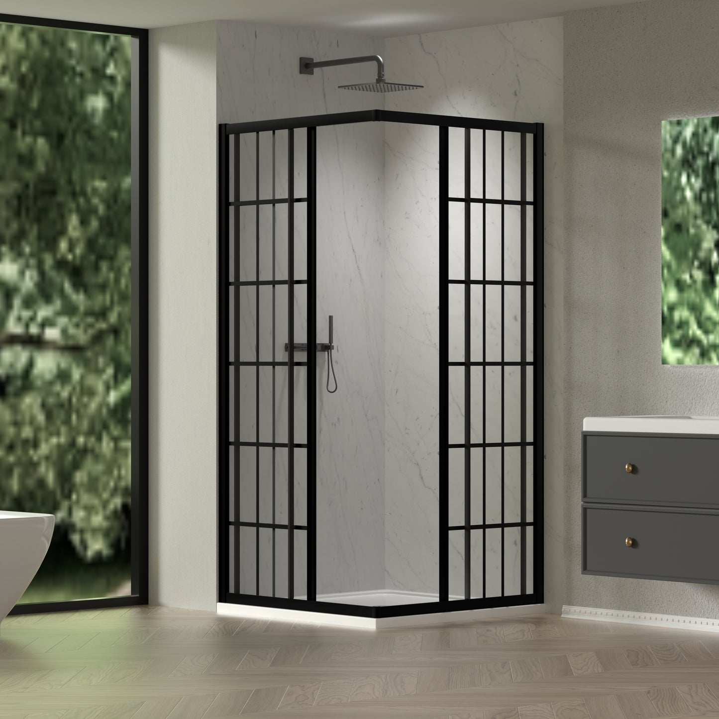 Sliding shower door, with 1/4" tempered clear with black lines glass, 34.625 in. x 72 in. Frame Sliding Corner Shower Enclosure in Matte Black image 3