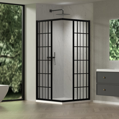 Sliding shower door, with 1/4" tempered clear with black lines glass, 34.625 in. x 72 in. Frame Sliding Corner Shower Enclosure in Matte Black image 3