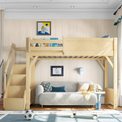 Twin Size Loft Bed with Built-in Wardrobe and Storage Space, Solid Wood Loft Bed with Beside Shelves, Full-length Guardrails and Stairs, No Box Spring Needed, Natural image 2