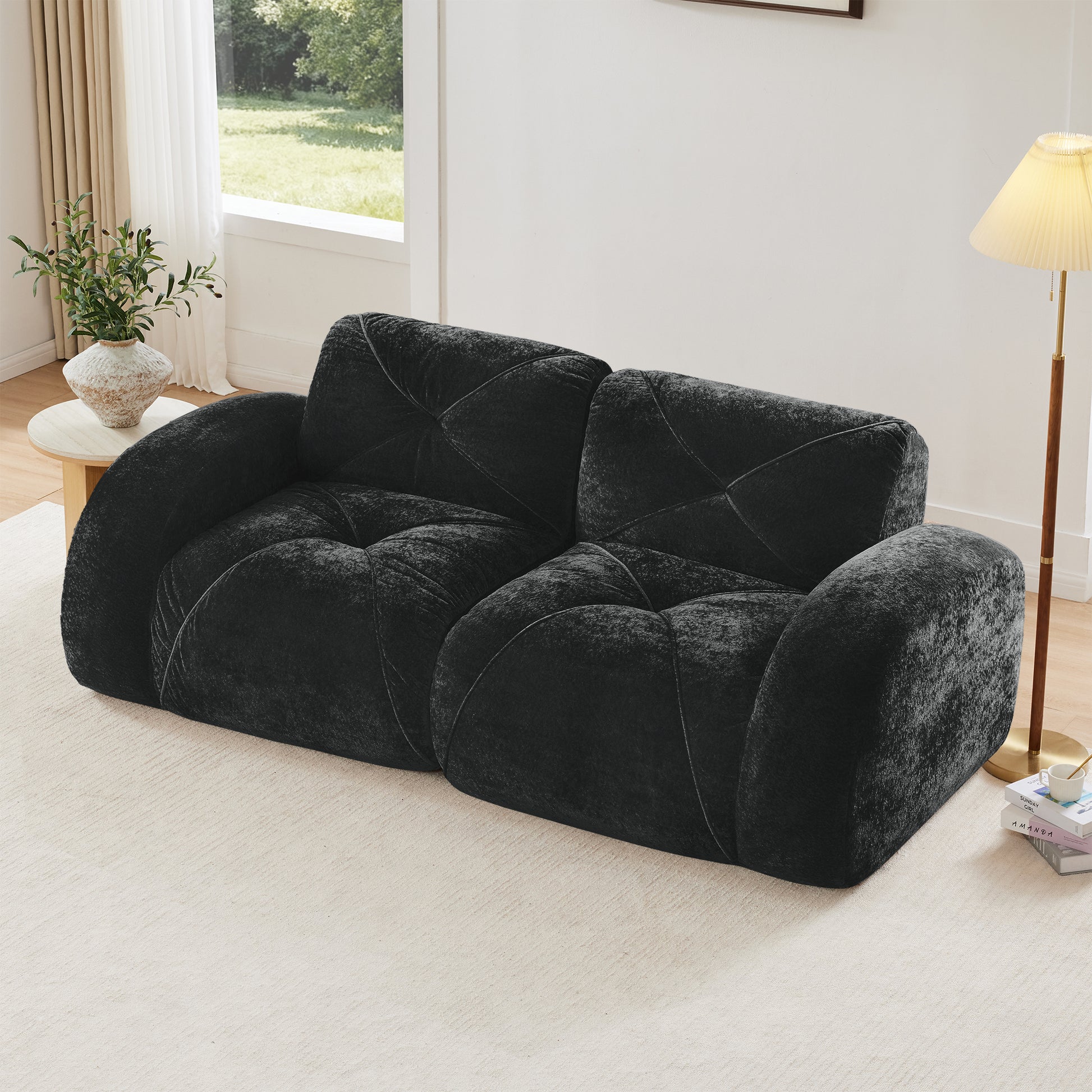 2-seater Tufted Sofa Couches With boneless Sofa,Soft Velvet Fabric,Bottom Anti-Slip Design,32D High Density Sponge,Ergonomic Design Bottom,No Assembly Required,Fits Living Rooms,Black image 1