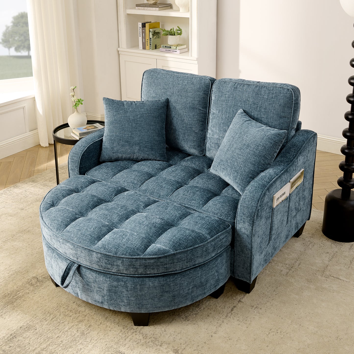 Two-seater sofa, double sofa chaise longue, with irregular armrests and backrests, footrest with storage space, comes with two small throw pillows, suitable for living room and bedroom -Blue image 1