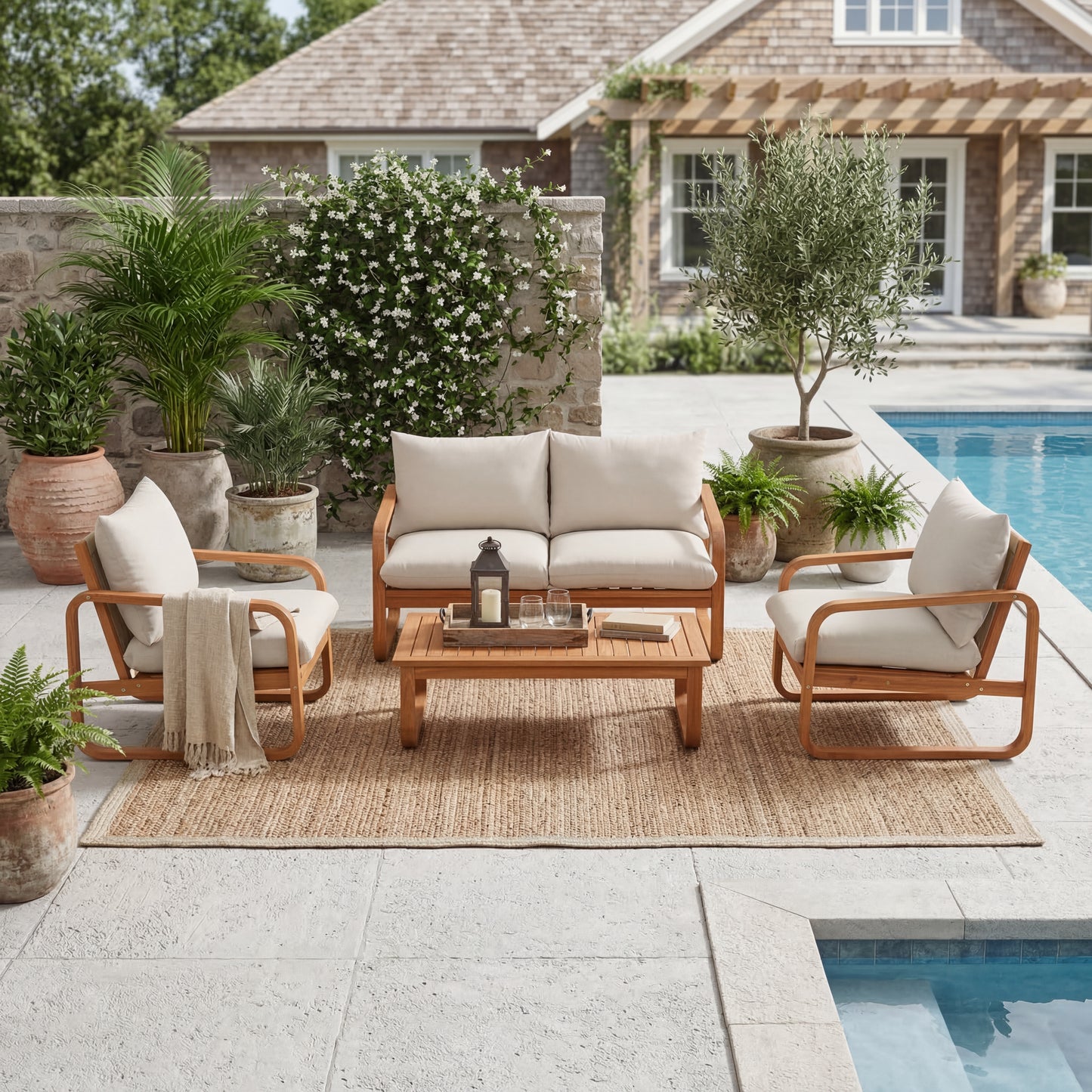 4-Piece Acacia Wood Outdoor Patio Furniture Set with Thick Cushions, Modern Outdoor Seating Set with Loveseat, 2 Single Chairs and Coffee Table, Weather-Resistant Conversation Set for Backyard, Pool image 1