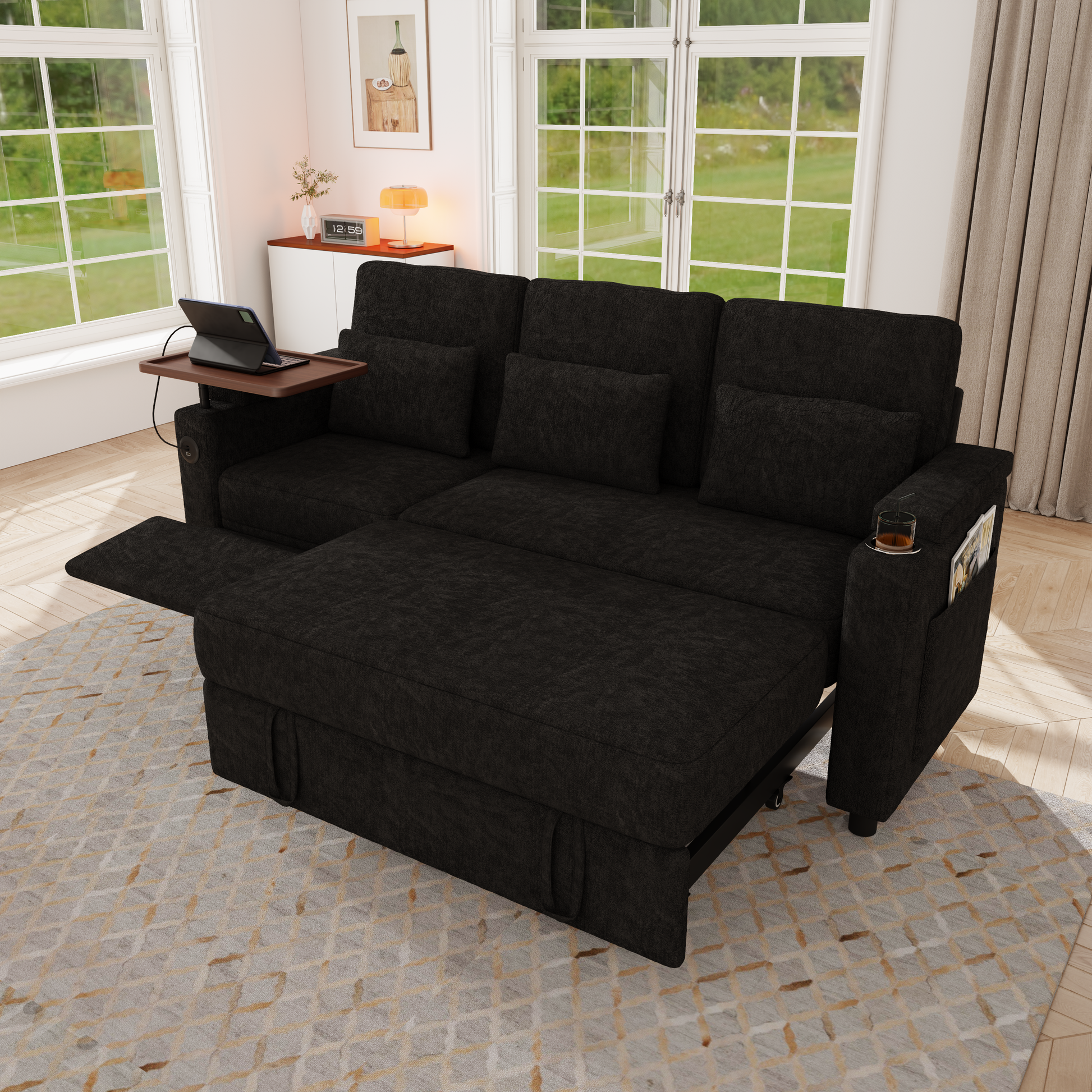 83-inch 3-in-1 foldable three-person sofa bed with a table board and USB ports, armrests with storage function. High-quality chenille three-person sofa. The sofa bed features adjustable backrest and p image 7