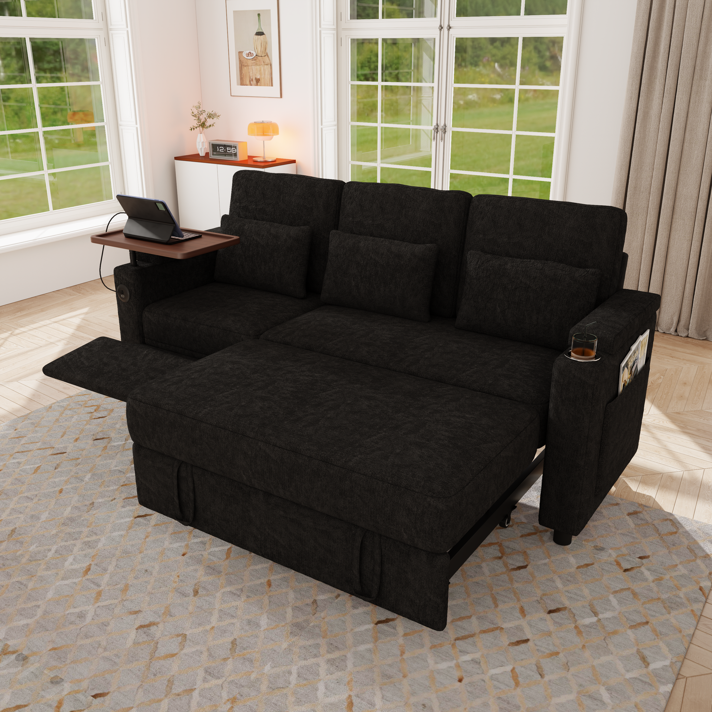 83-inch 3-in-1 foldable three-person sofa bed with a table board and USB ports, armrests with storage function. High-quality chenille three-person sofa. The sofa bed features adjustable backrest and p image 7