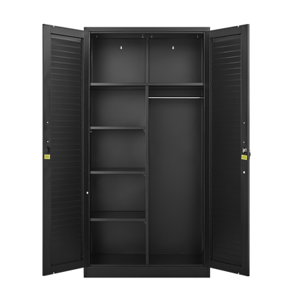 Wide & Deep Metal Storage Cabinet with Hanging Rod,Black Broom Closet Storage Cabinet with Lock, Tall Wardrobe Cabinets with Doors and Shelves,Locking Steel Tool Cabinets for Home,Office,Garage image 6