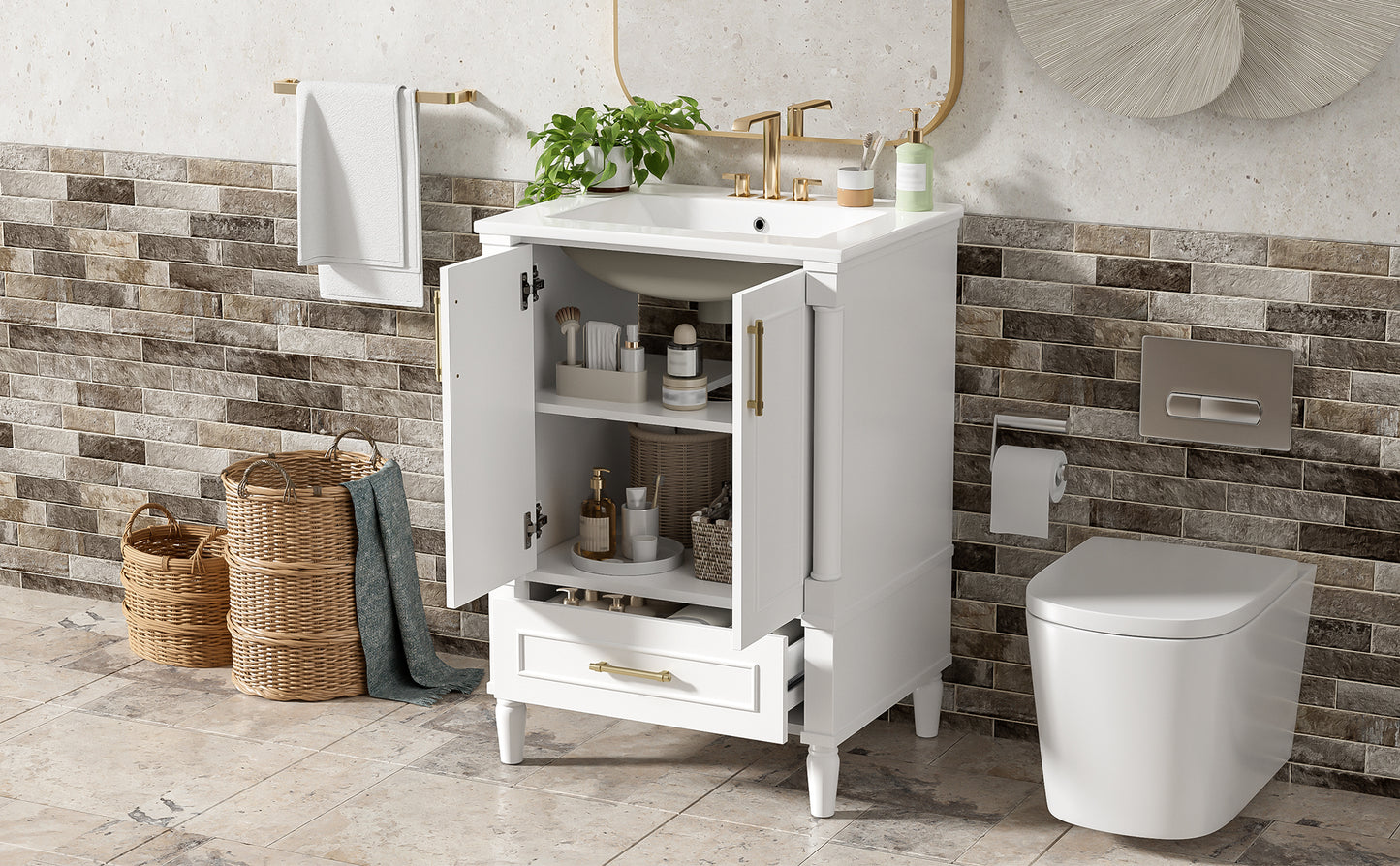 24" Modern Bathroom Vanity with Ornate Motif Design & Soft-Close Hinges, Bathroom Cabinet with Drawer and Back Open Structure, Ornately Carved French Cylinder Legs image 11