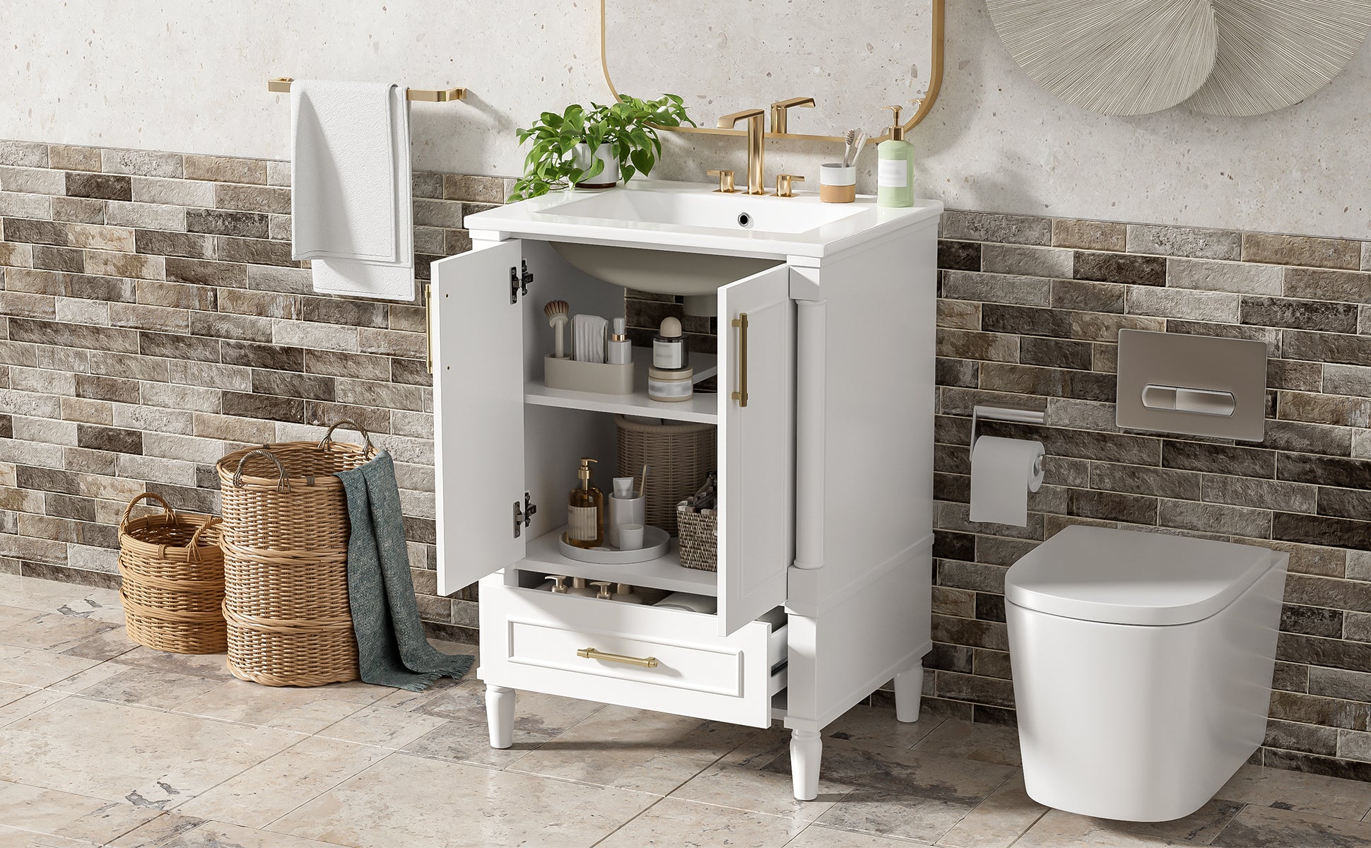 24" Modern Bathroom Vanity with Ornate Motif Design & Soft-Close Hinges, Bathroom Cabinet with Drawer and Back Open Structure, Ornately Carved French Cylinder Legs image 11