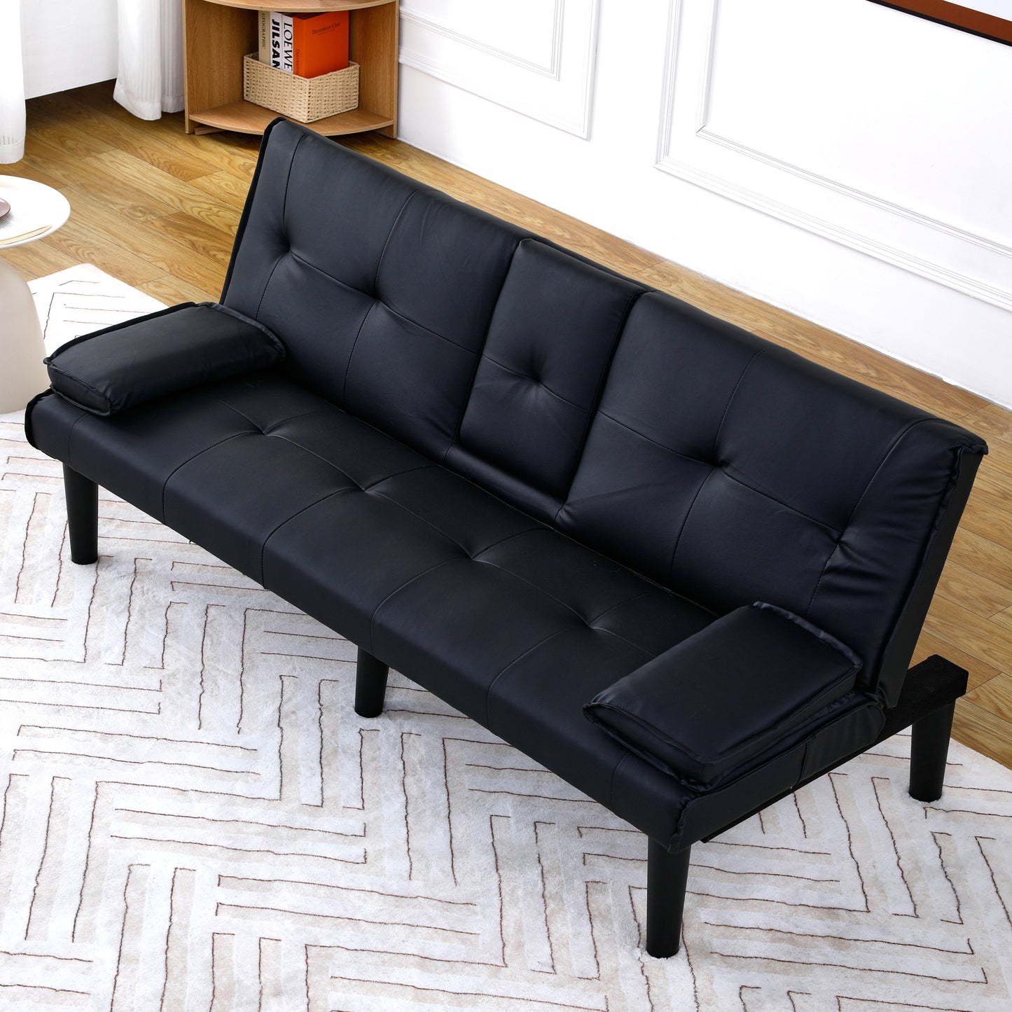 The 67-inch black PVC multi-functional sofa bed with a foldable and cup holder design makes it extremely convenient to turn the living room into a guest room image 8