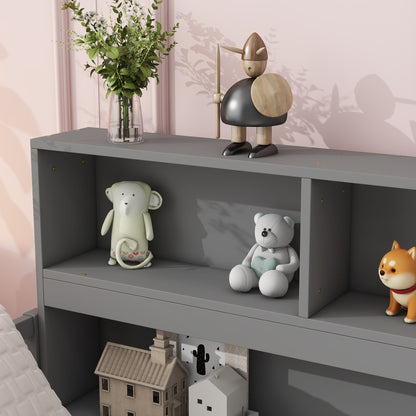 Full Floor Bed with Side Bookcase,Shelves,Guardrails,Grey image 12