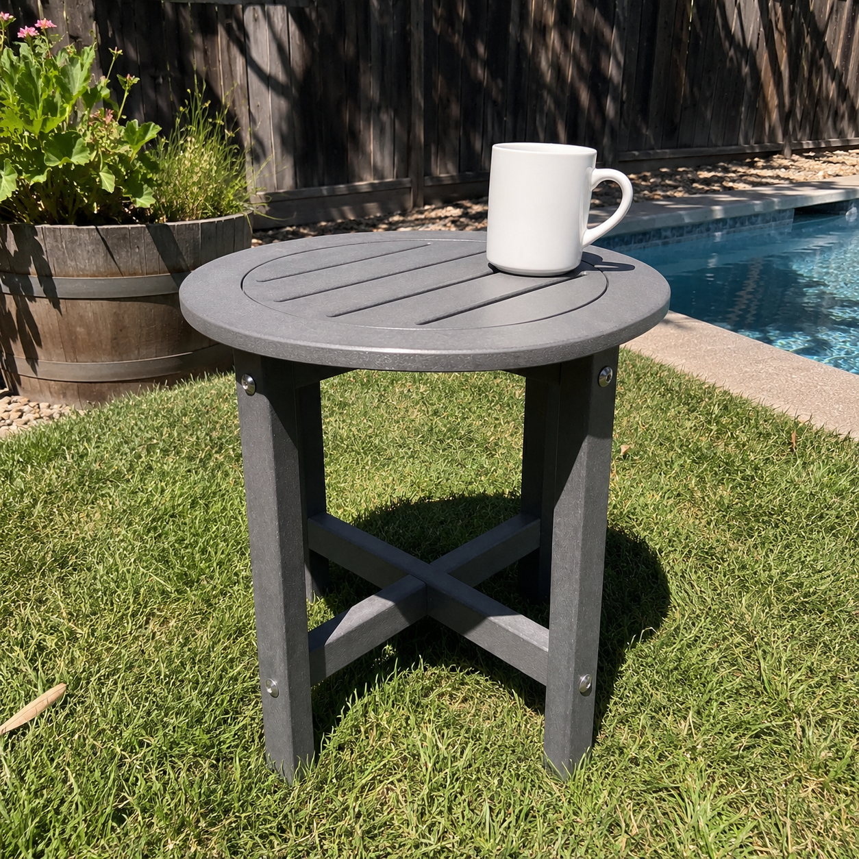 Gray HDPE Round Outdoor Side Table, 18 in. Dia. x 17 in. H, Small All-Weather Patio End Table, 1 Piece image 2