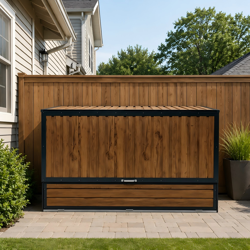 Wood Grain Galvanized Steel Storage Cabinet, Lift-Up Top & Foldable Front Door Large Capacity Tool Cabinet for Indoor, Garage & Backyard Use 594.39 US Gal 2.25m³ image 2