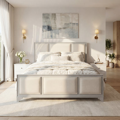Queen Size Wooden Bed Frame with Upholstered Headboard, White Wood & Beige Fabric, Solid Wood Platform, Modern Farmhouse Style image 4