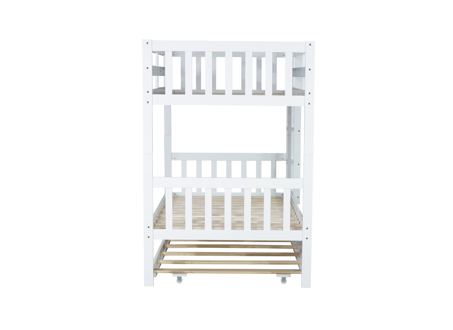 Twin Over Twin Rubber Wood Bunk Bed with Trundle, Convertible into Twin Size Beds, Twin Size Bunk Bed with Ladder and Safety Guardrails, White image 5