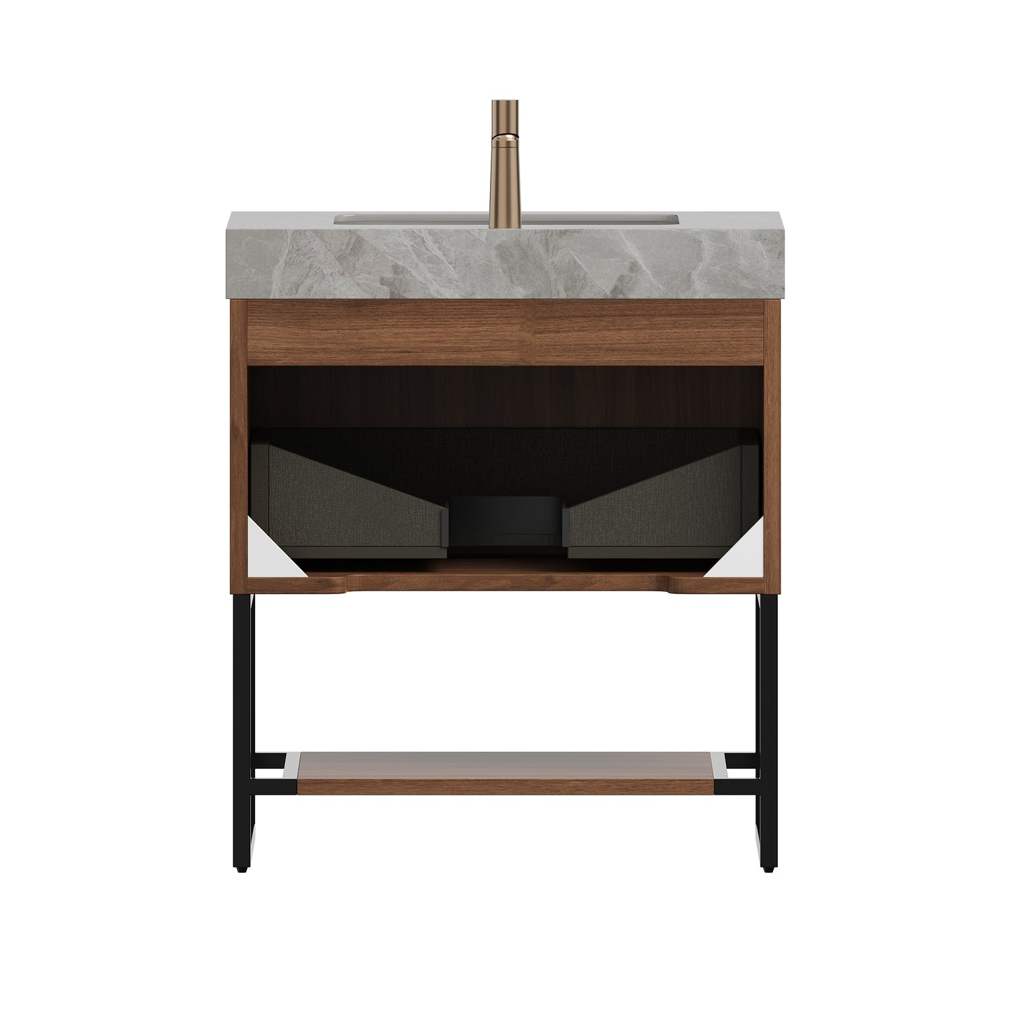 YOLAN 30" Bathroom Vanity&Sink, Freestanding Striped Plywood Storage Cabinet with Drawer&Open Shelf, Light Gray Sintered Stone Top&Undermount Ceramic Basin, Pre-assembled, Dark Walnut Woodgrain Color image 4
