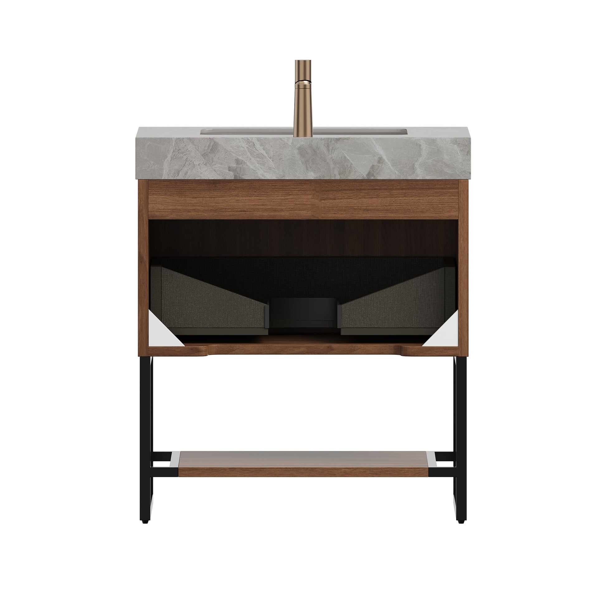 YOLAN 30" Bathroom Vanity&Sink, Freestanding Striped Plywood Storage Cabinet with Drawer&Open Shelf, Light Gray Sintered Stone Top&Undermount Ceramic Basin, Pre-assembled, Dark Walnut Woodgrain Color image 4